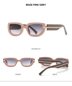 Three angles of chic beige pink polygonal sunglasses with grey gradient lenses