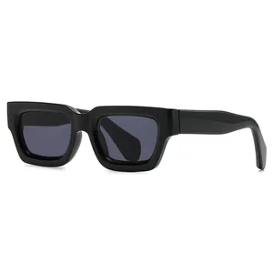 Retro rectangle thick frame sunglasses with dark grey lenses in black glossy finish