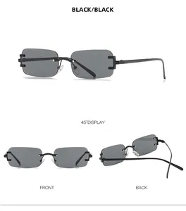 Detailed multi-angle views of retro small square rimless sunglasses with black lenses