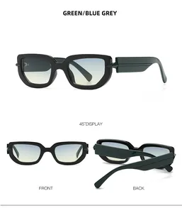 Polygonal dark green sunglasses with blue grey gradient lenses shown from multiple angles