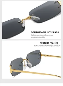 Detail of comfortable silicone nose pads and golden metal hinges on rimless sunglasses