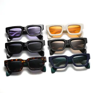 Six pairs of retro rectangular sunglasses with thick frames in various colors