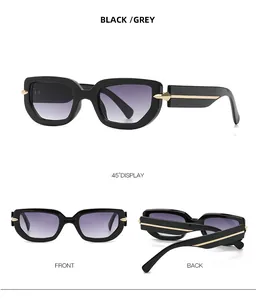 Detailed views of polygon sunglasses with black frames and grey gradient lenses