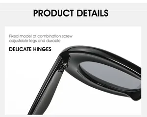 Detail view of durable metal screw hinges on shiny black oval frame sunglasses