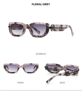 Three-way view of trendy irregular polygon sunglasses in floral grey tortoiseshell frame