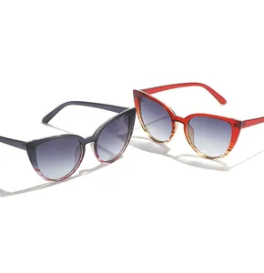 Detailed view of cat eye sunglasses with gradient frames and printed frame size specs