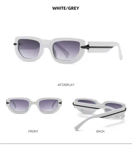 Three perspectives of white polygon sunglasses with grey gradient lenses and thick frames