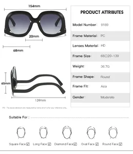 Detailed dimension guide for oversized retro sunglasses with PC frame and HD lenses