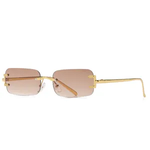 Retro rimless square sunglasses with gradient brown lenses and gold metal temples