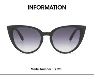 Detail view of model 9190 black cat eye sunglasses with grey gradient lenses and sleek frame