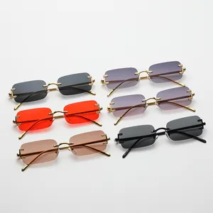 Retro rimless rectangular sunglasses set with golden metal temples and diverse tinted lenses