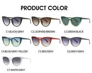 Cat eye sunglasses collection showing seven color options with detailed frame and lens variety