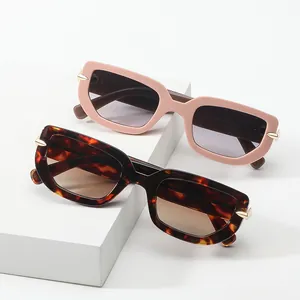 Chic polygonal sunglasses with thick frames and arrow metal accents on white pedestals