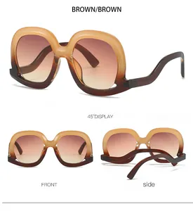 Macro display of brown gradient oversized retro sunglasses with multi-angle frame views
