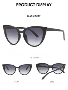 Multiple views of cat eye sunglasses showing black frame, gray lenses, and temple structure