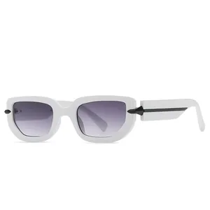 Polished white rectangular sunglasses with purple gradient lenses and black spike accents
