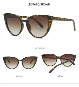 Three-way view of leopard print cat eye sunglasses with brown gradient lenses