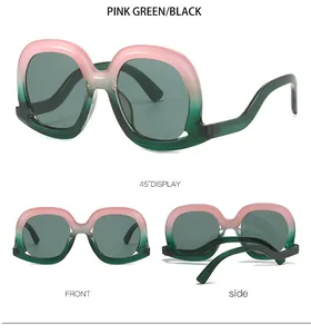 Detailed multi-angle views of large retro sunglasses with pink to dark green gradient frame
