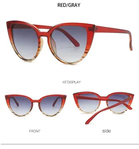 Cat eye sunglasses with red tortoiseshell frames and grey gradient lenses in multiple views