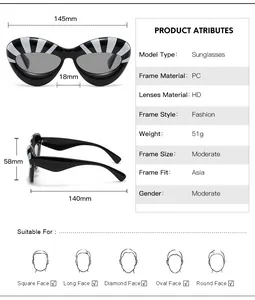 Cat eye sunglasses detail chart showing PC frame dimensions, HD lenses, and 51g weight