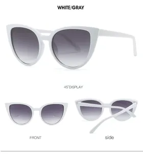 Cat eye sunglasses with white frame and gray gradient lenses in three-view layout