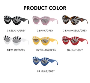 Overview of cat eye sunglasses in seven colors featuring unique striped shell frames