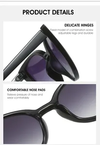 Detail view of durable metal hinges and comfortable nose pads on black cat-eye sunglasses