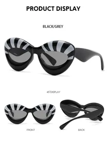 Detailed multi-angle view of black cat-eye sunglasses with grey striped frame accents