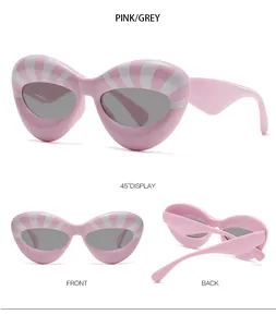 Pink and white striped cat-eye sunglasses with grey lenses shown in multiple views