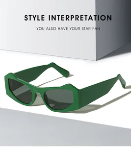 Detail of green cat-eye sunglasses with wide temple and modern geometric profile