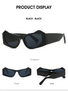 Detailed multi-angle view of black cat-eye sunglasses with geometric frames and dark lenses