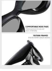 Detail of comfortable nose pads and sleek temple joints of black cat eye sunglasses