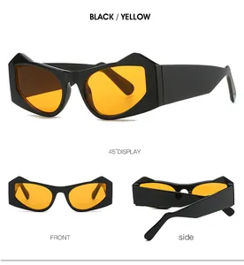 Three angles of black cat-eye sunglasses with bold yellow lenses and retro frame