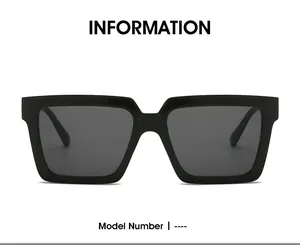 Detail view of bold square black sunglasses with thick plastic frames and dark grey lenses