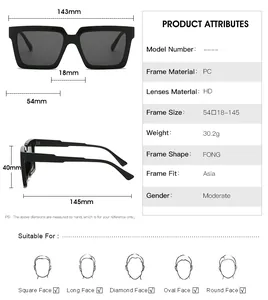 Detailed size chart for square sunglasses showing lens width and PC frame specifications