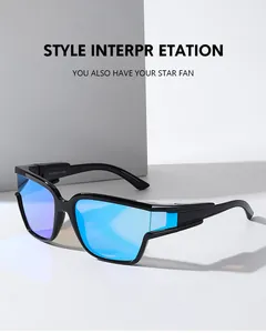 Detailed view of blue mirror lenses with geometric cut and UV400 protection marking