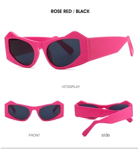 Three-angle view of rose red cat eye sunglasses with trendy geometric frame and grey lens