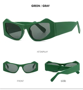 Green cat eye sunglasses with gray lenses shown from front, side, and 45-degree angles