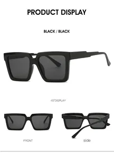 Three perspectives of black square oversized sunglasses showing frame detail and fit