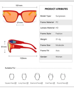Detailed size specifications for red PC frame sunglasses featuring HD impact resistant lenses