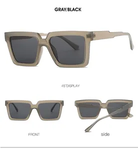 Three-view display of vintage square gray-black translucent sunglasses for men and women