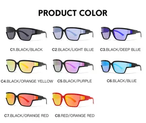 Detailed grid showing 8 color options for sports sunglasses with mirrored lenses