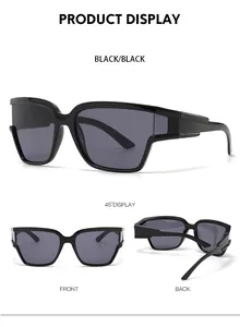 Multi-angle view of oversized black sunglasses with dark lenses and wide temples