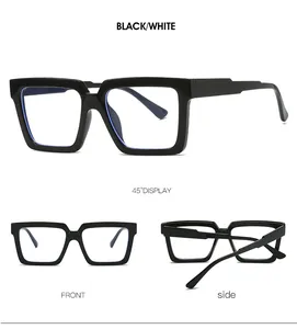 Detailed views of vintage thick square frame glasses with blue light blocking lenses