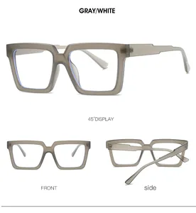Detailed views of greyish white square frame glasses with a matte translucent finish
