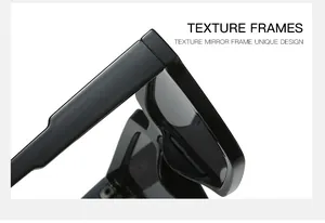Macro view of hinge and polished black texture frames on square sunglasses