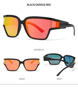 Detailed multi-angle views of black oversized sunglasses with orange red mirror lenses