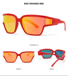 Three-view display of red wrap-around sunglasses with orange mirrored lenses