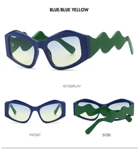 Dreiseitenansicht der Butterfly-Sonnenbrille mit Wellenbügeln in Blau und Grün