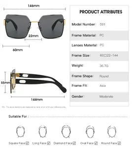 Detaillierte Größentabelle und Maße für diese übergroße randlose quadratische Sonnenbrille